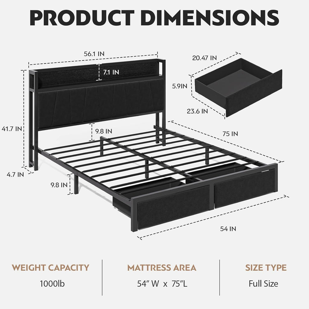 CIKUNASI Full Size Bed Frame with Headboard and Storage Drawers Platform Bed Frame with Storage Chargin Station LED Light Bedframe Heavy Duty No Box Spring Needed