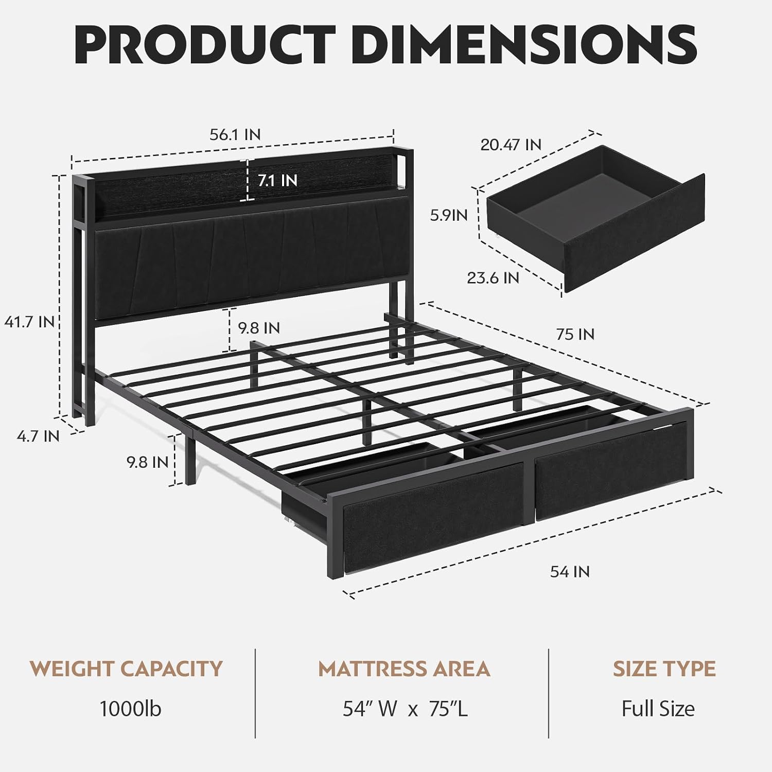 CIKUNASI Full Size Bed Frame with Headboard and Storage Drawers Platform Bed Frame with Storage Chargin Station LED Light Bedframe Heavy Duty No Box Spring Needed