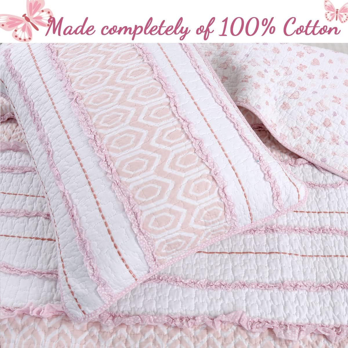 Cozy Line Home Fashions Pretty in Pink Girly Ruffle Stripped 100% Cotton Reversible Quilt Bedding Set, Coverlet, Bedspread (Pink Princess, Queen - 5 Piece: 1 Quilt + 2 Shams + 2 Decor Pillows)
