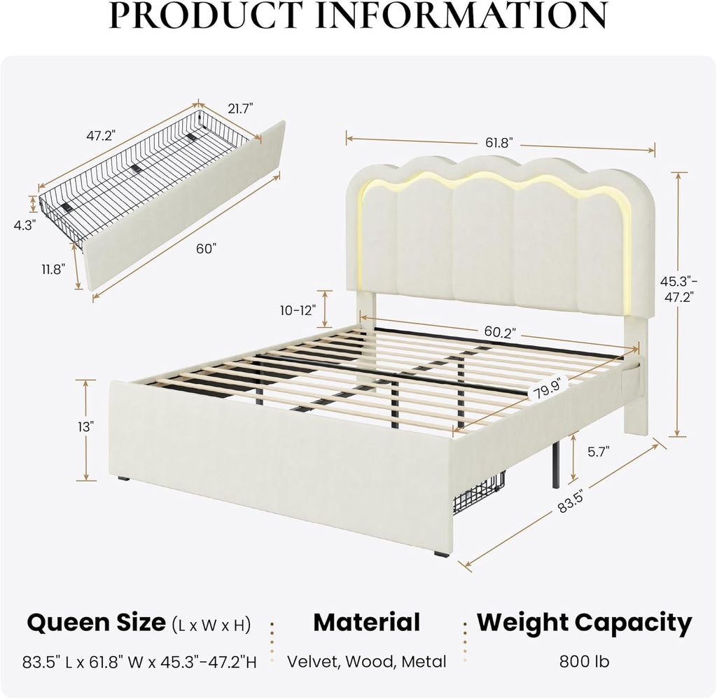 SHA CERLIN Upholstered Queen Size Bed Frame with LED Lights and Large Storage Drawer, Velvet Platform Bed with Adjustable Wavy Headboard, Noise Free, Easy Assembly, No Box Spring Needed, Soft Cream