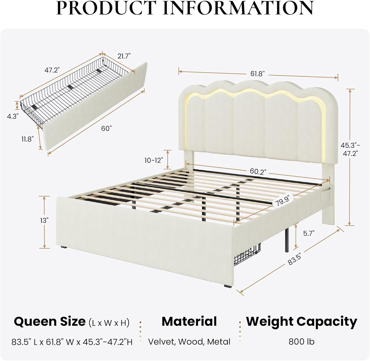 SHA CERLIN Upholstered Queen Size Bed Frame with LED Lights and Large Storage Drawer, Velvet Platform Bed with Adjustable Wavy Headboard, Noise Free, Easy Assembly, No Box Spring Needed, Soft Cream