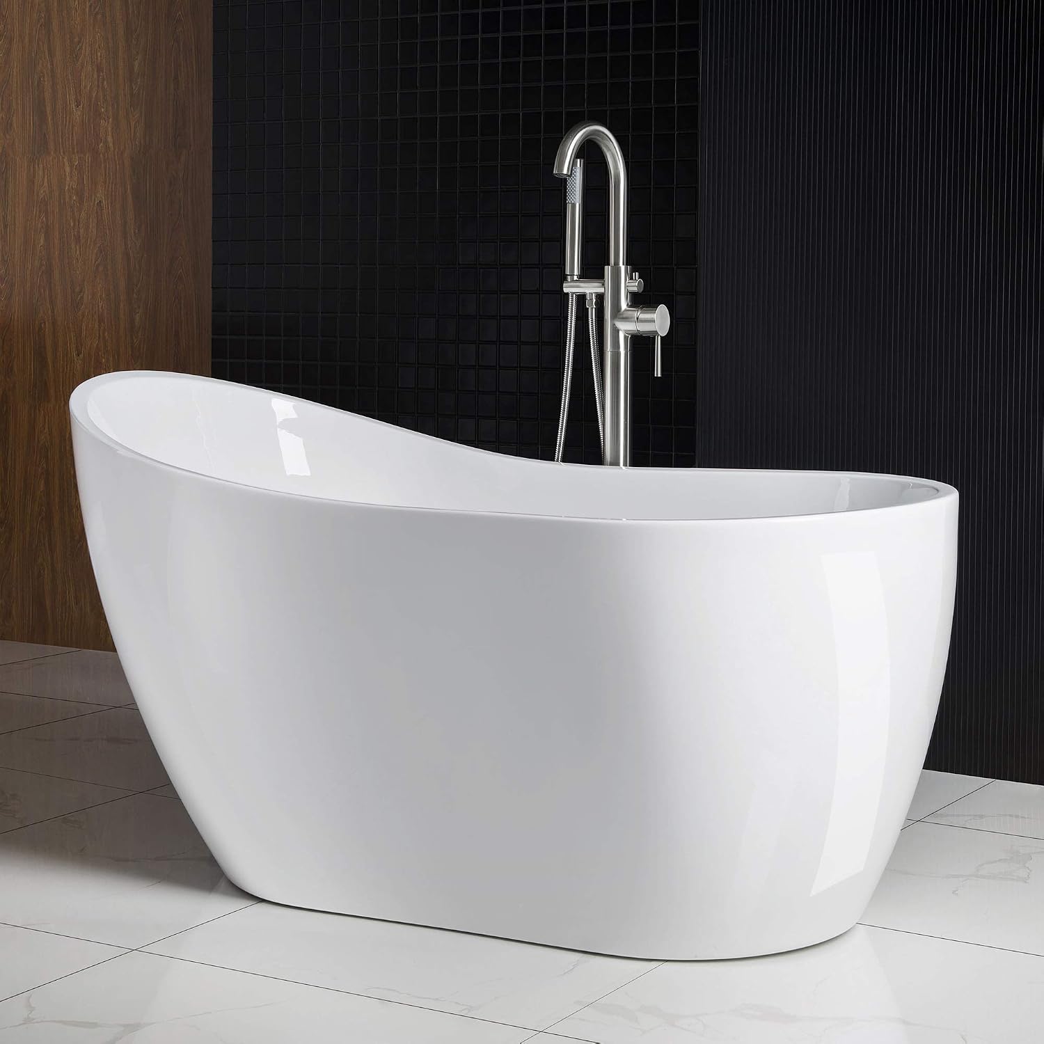 WOODBRIDGE Acrylic Freestanding Bathtub Contemporary Soaking Tub with Brushed Nickel Overflow and Drain B-0006-B/N-Drain &O, 54' B-0006