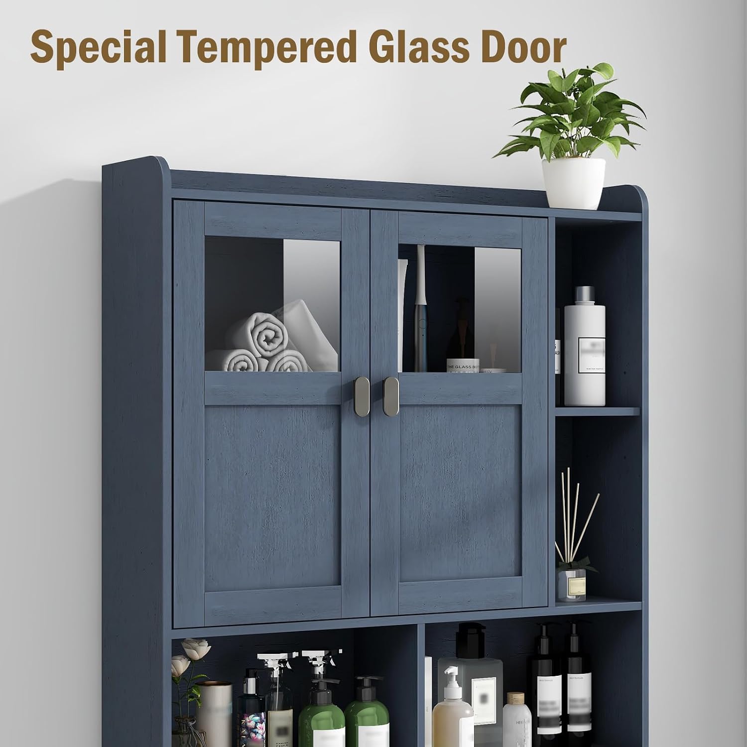 Vabches Over The Toilet Storage Cabinet, Bathroom Shelf Over Toilet with Glass Doors and Adjustable Shelves, Navy Blue Freestanding Home Space Save Toilet Rack, for Restroom, Bathroom, Laundry
