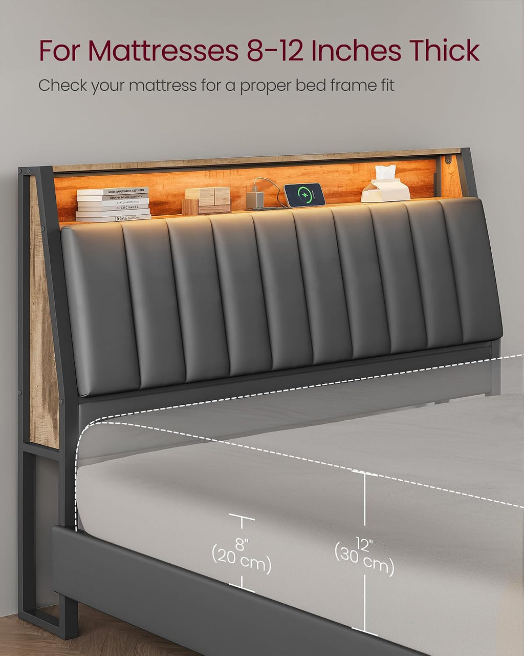 VASAGLE LED Bed Frame Queen Size, Storage Headboard and Charging Station, Queen Bed Frame with 2 AC Outlets, 1 USB Port, 1 Type-C Port, No Box Spring Needed, Dove Gray and Camel Brown URMB841G01