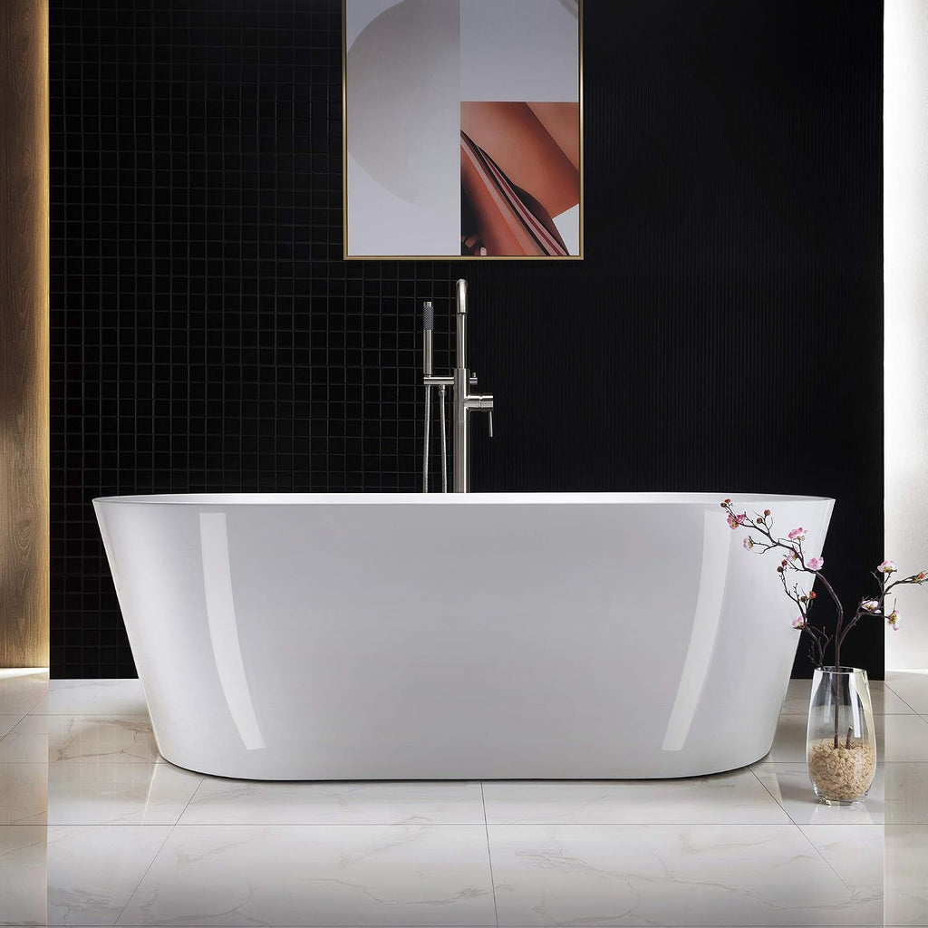 WOODBRIDGE 67' Acrylic Freestanding Bathtub Contemporary Soaking White Tub with Brushed Nickel Overflow and Drain，B0013-BN