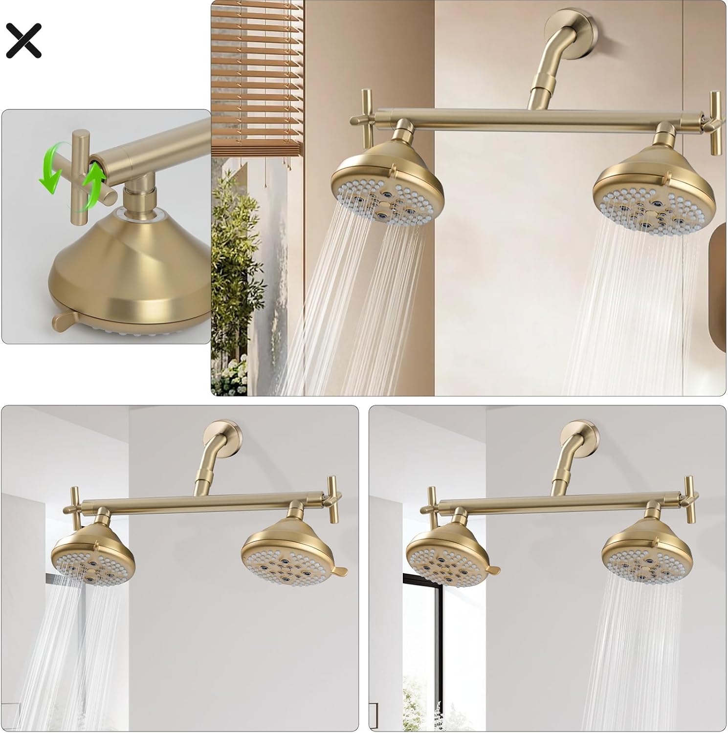 Double Shower Head with Manifold Shut-Off Valve,4 Function 2 Shower Sprayers For Couples Shower,High Pressure Dual Shower Heads Combo Set,Brushed Gold,AG1MG