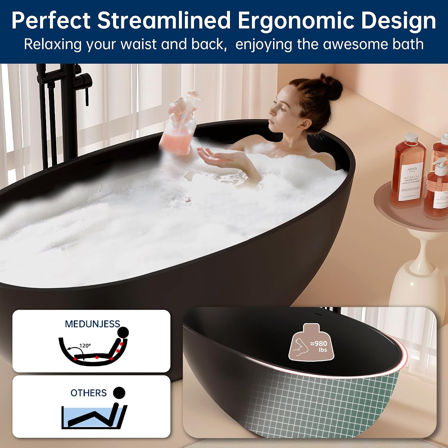 55'' Resin Stone Freestanding Bathtub, Matte Black Soaking Tub Solid Surface Modern Tubs with Overflow and Pop-up Drain in