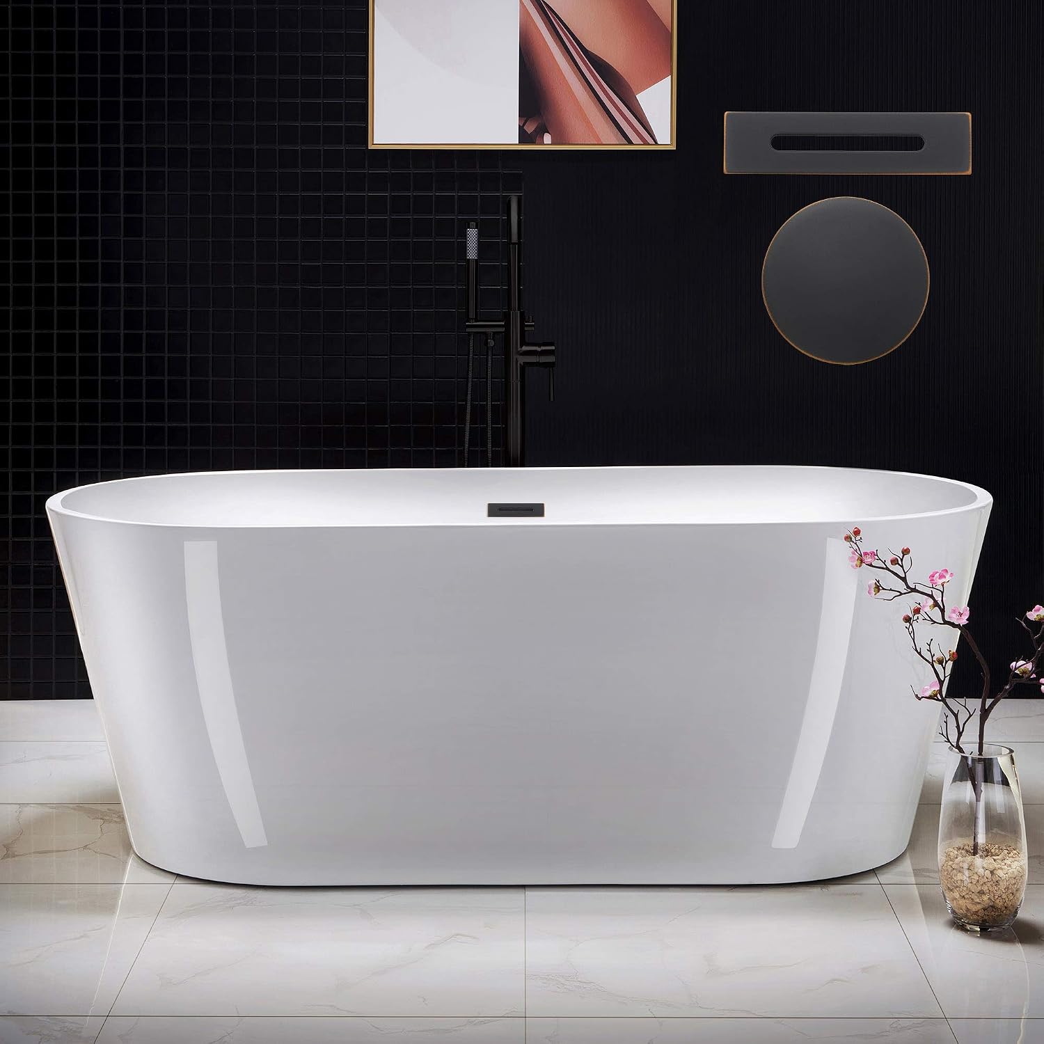 WOODBRIDGE 67' Acrylic Freestanding Bathtub Contemporary Soaking White Tub with Oil Rubbed Bronze Overflow and Drain，B0013-ORB