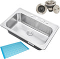 CozyBlock 33 x 22 x 9 Inch Top-mount/Drop-in Stainless Steel Single Bowl Kitchen Sink with Strainer and Silicon Dishrack - 18 Gauge Stainless Steel-4 Faucet Hole