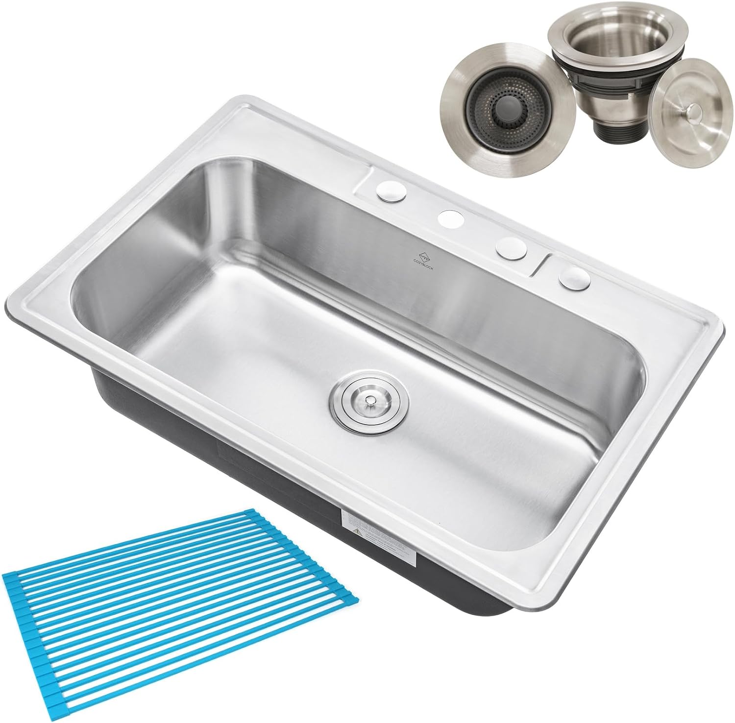 CozyBlock 33 x 22 x 9 Inch Top-mount/Drop-in Stainless Steel Single Bowl Kitchen Sink with Strainer and Silicon Dishrack - 18 Gauge Stainless Steel-4 Faucet Hole