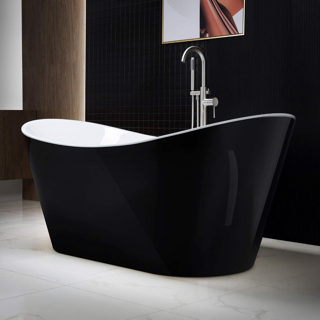 WOODBRIDGE 59' Acrylic Freestanding Bathtub Contemporary Soaking Tub with Brushed Nickel Overflow and Drain, B-1816 Black Color