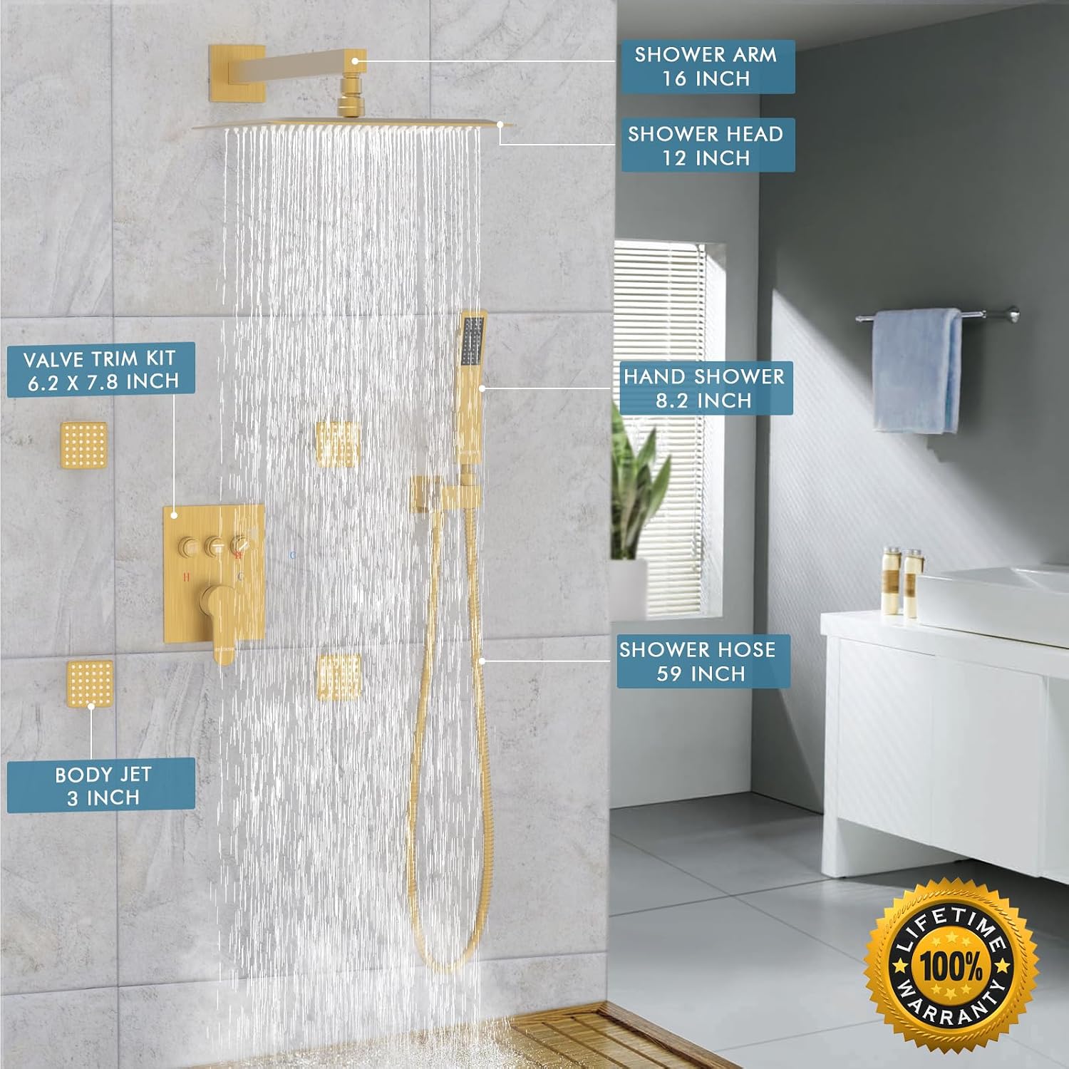 Brushed Gold Shower System with Body Jets，Bostingner 12' Rain Shower and Handheld, Can Use All Spray at A Time,Wall Mount Push Button Shower Faucet Set with Valve and Trim Kit Included