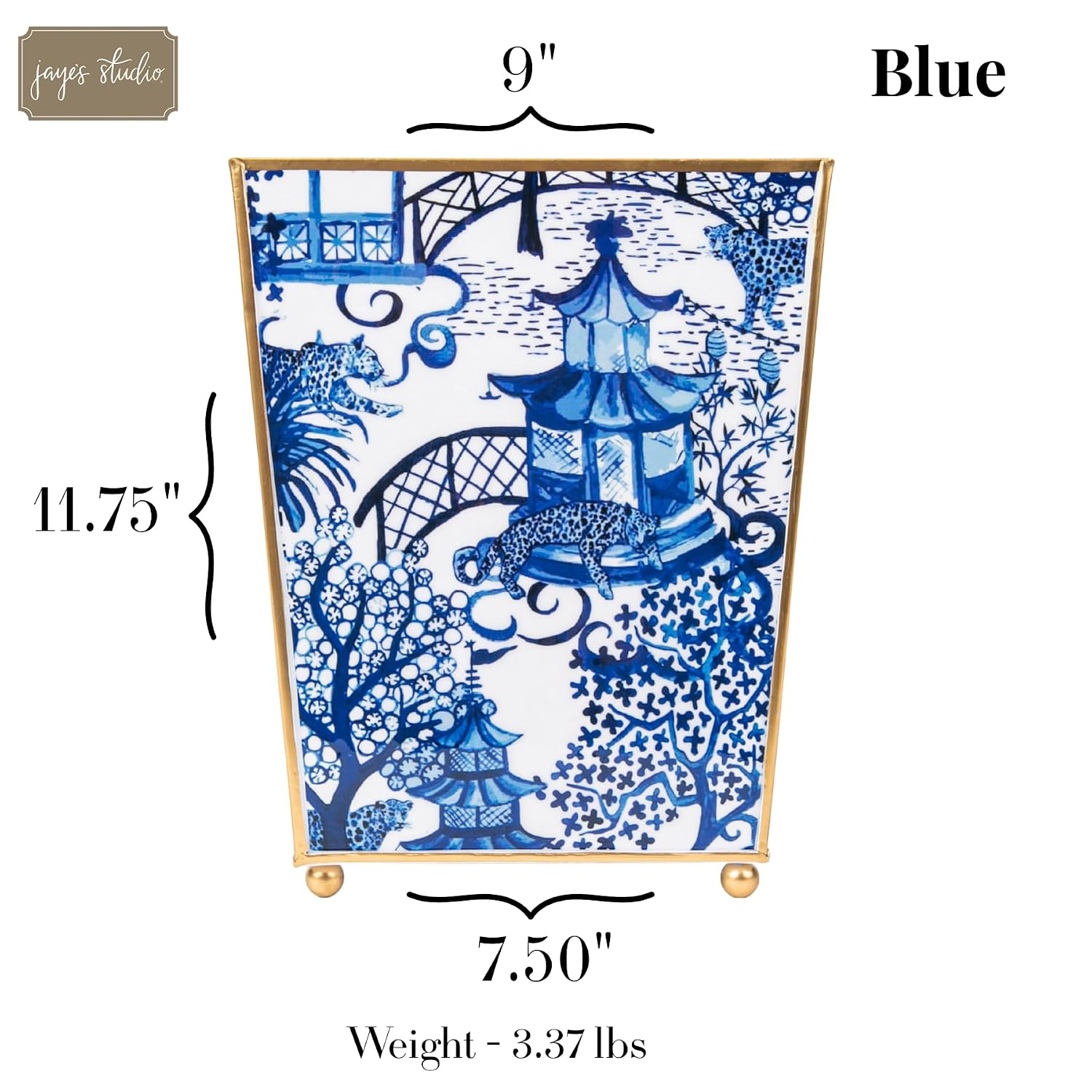 Jaye's Studio Garden Party Decorative Gold Waste Basket for Bathroom Trash Can no Lid, Bedroom Garbage Can Square Office Trash Bin, Vanity Enamel White & Blue Bathroom Trash Can Gold Feet, 9 inch Wide