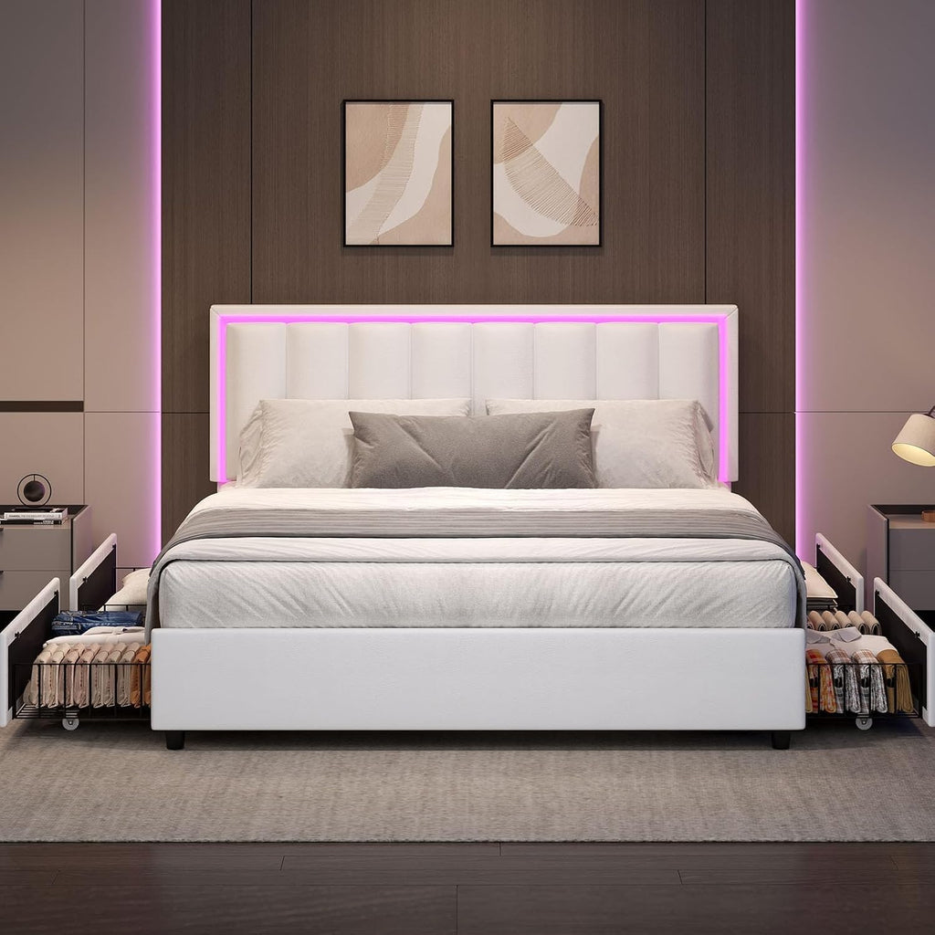 IMMERSTABLE Full Size Bed Frame with Headboard and 4 Storage Drawers, Faux Leather Upholstered Platform Bed with LED Lights, Metal and Wood Slats, No Box Spring Needed, Easy Assembly, White