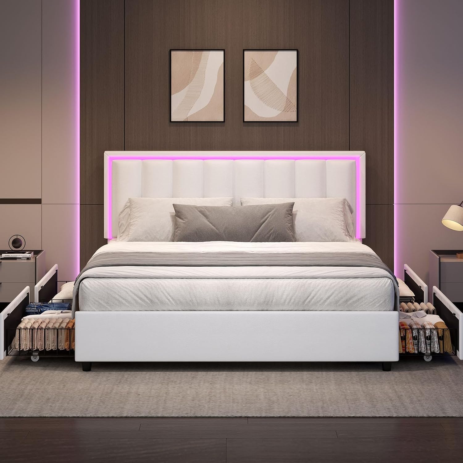 IMMERSTABLE Full Size Bed Frame with Headboard and 4 Storage Drawers, Faux Leather Upholstered Platform Bed with LED Lights, Metal and Wood Slats, No Box Spring Needed, Easy Assembly, White