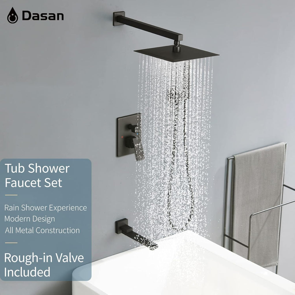 DASAN Tub Shower Faucets Sets Complete Matte Black Bathtub Shower System with Tub Spout, Bathtub Faucet Set Tub and Shower Faucet Combo Trim Kit with Rough-in Valve
