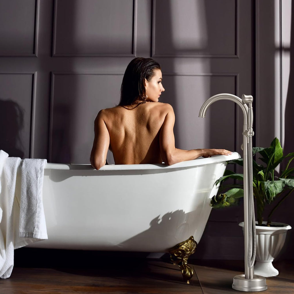 Brushed Nickel Freestanding Bathtub Faucet,Brass Floor Mount Tub Faucet High Flow Max 6.6GPM/60PSI with Hand Shower
