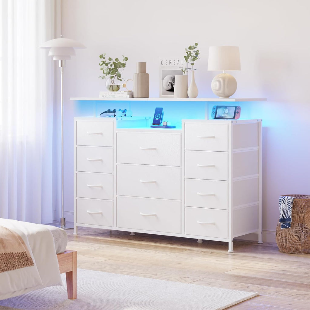 LUMTOK 11 Drawers Dresser with Fabric Drawers,Charging Station, LED Lights and Shelves for Bedroom Storage Organization