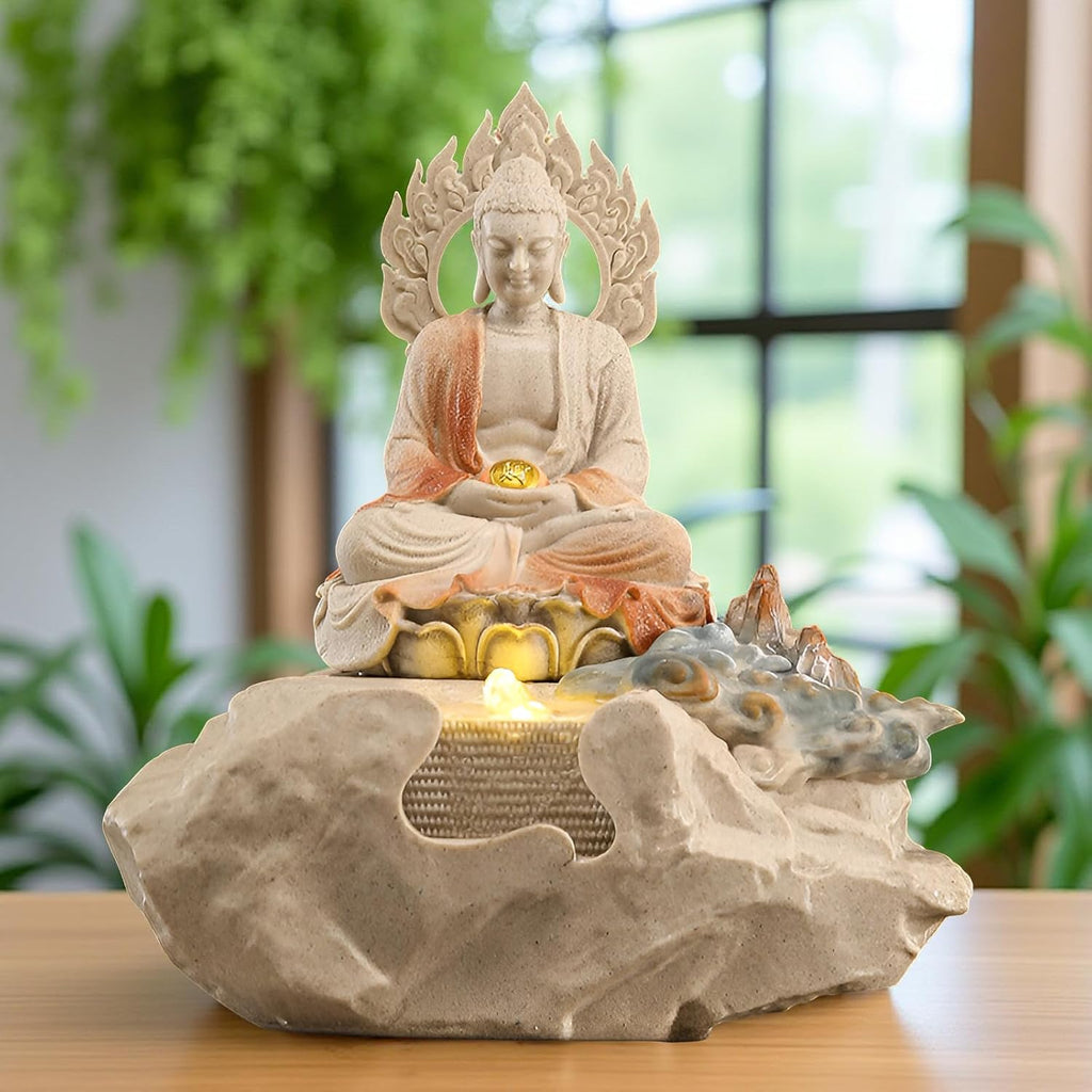 Zen Buddha Tabletop Fountain with LED Lights & Crystal Accents – Indoor Meditation Waterfall Feature with Cascading Water for Home, Office, Living Room or Bedroom – Free 10 Free Crystals (Style 1)
