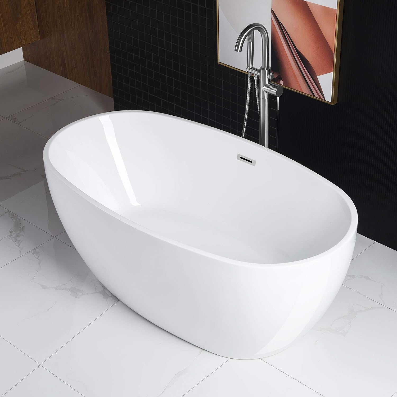 WOODBRIDGE 59' Acrylic Freestanding Bathtub Contemporary Soaking Tub, White Acrylic (Chrome Drain/Overflow),BTA1518 -C-Drain &O