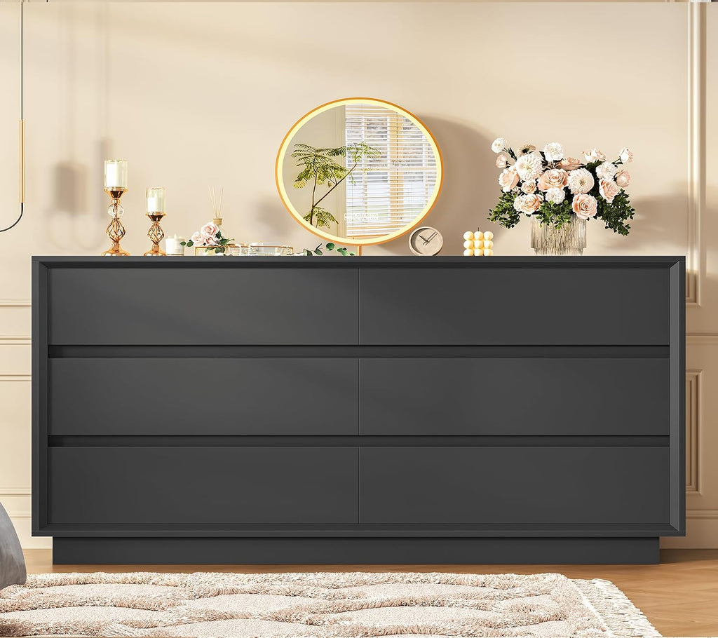 TEENFON 55' Dresser for Bedroom with 6 Drawers, Black Dresser with Metal Slide, Bedroom Dressers, Wood Dressers & Chests of Drawers for Bedroom, Hallway, Black