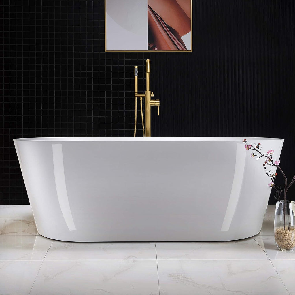 WOODBRIDGE 67' Acrylic Freestanding Bathtub Contemporary Soaking White Tub with Brushed Gold Overflow and Drain，B0013-BG