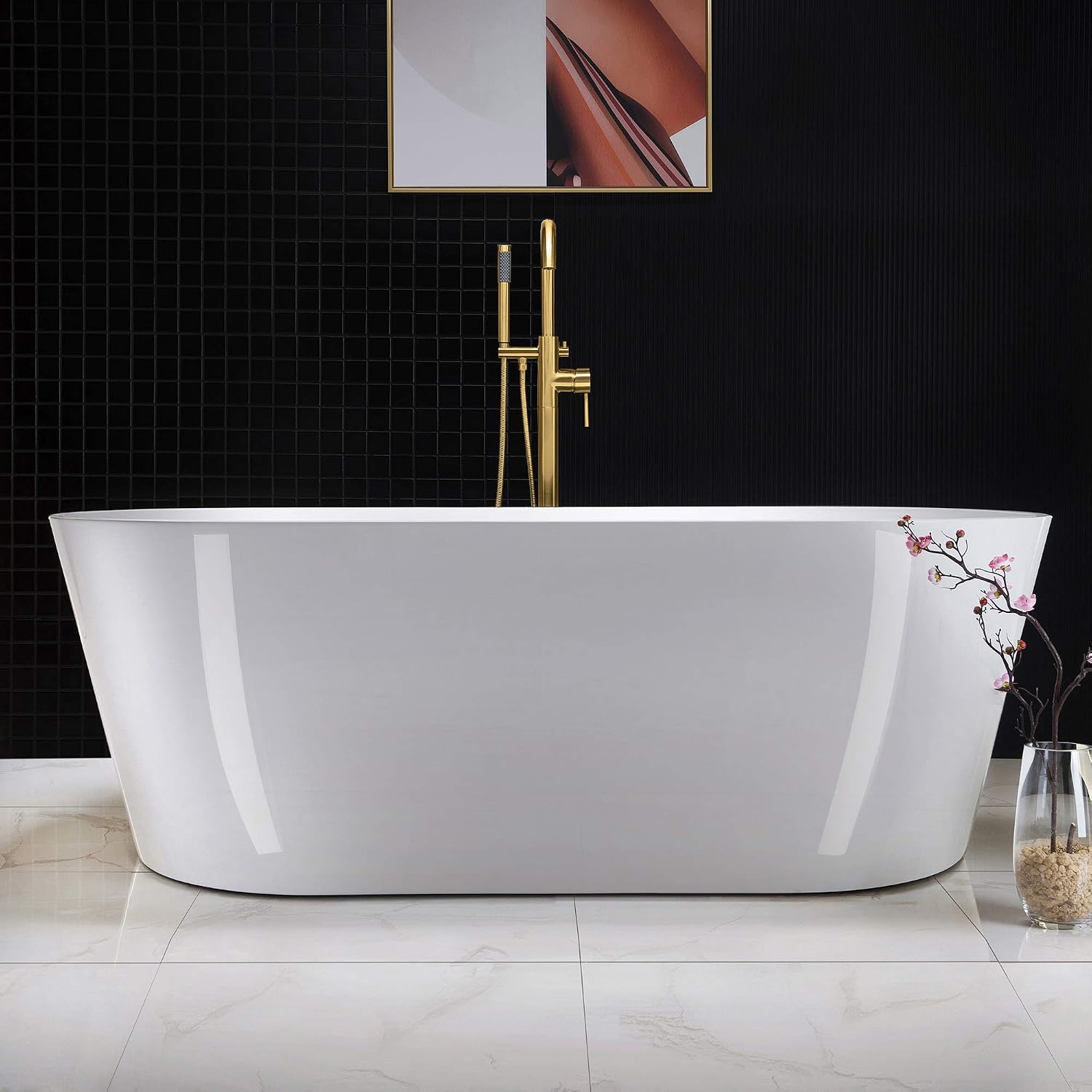 WOODBRIDGE 67' Acrylic Freestanding Bathtub Contemporary Soaking White Tub with Brushed Gold Overflow and Drain，B0013-BG