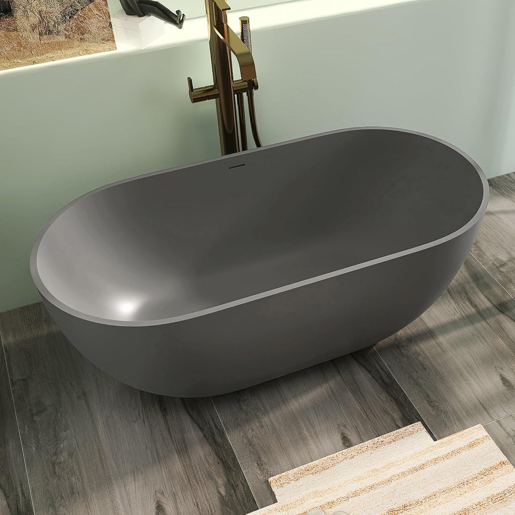 59' Premium Solid Surface Free Standing Bathtub, Oval Stone Resin Tub with Overflow and Pop-up Drain, Matte Dark Grey