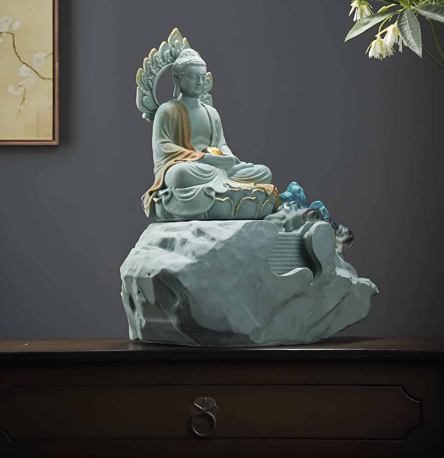 Zen Buddha Tabletop Fountain with LED Lights & Crystal Accents – Indoor Meditation Waterfall Feature with Cascading Water for Home, Office, Living Room or Bedroom – Free 10 Free Crystals (Style 6)