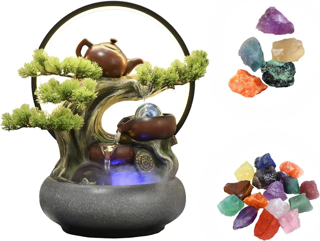 15.75 Inch-Tabletop Ceramic Fountain&5 Tiers of Flowing Water&Zen+Free 10 Crystals-Suitable for Indoor Meditation&Landscape&Good Luck-Fogging&LED Color Lights&Tea Pot