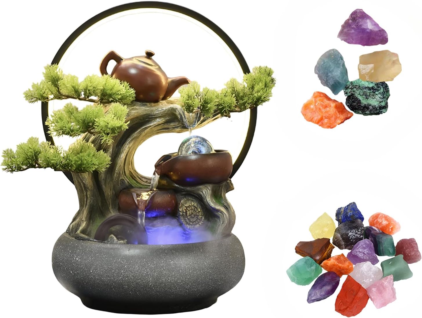 15.75 Inch-Tabletop Ceramic Fountain&5 Tiers of Flowing Water&Zen+Free 10 Crystals-Suitable for Indoor Meditation&Landscape&Good Luck-Fogging&LED Color Lights&Tea Pot