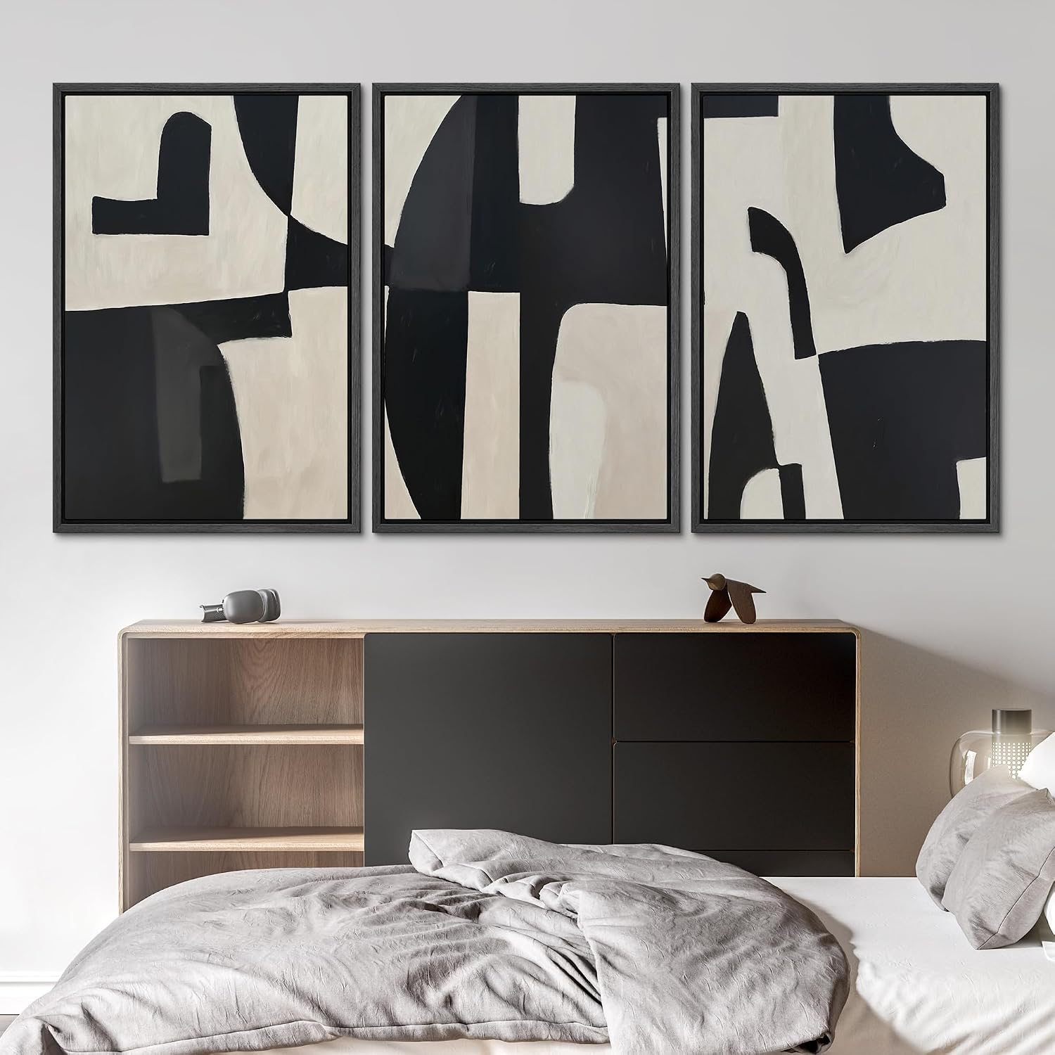 SIGNLEADER Framed Canvas Print Wall Art Set Black and Beige Abstract Shapes Modern Geometric Illustrations Boho Decorative for Living Room, Bedroom, Office - 24'x36'x3 Black