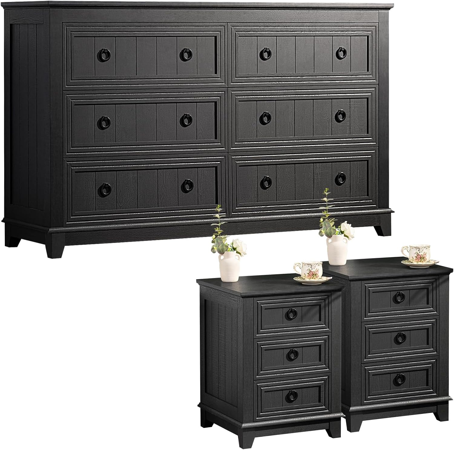 Joaxswe Farmhouse Dresser and Nightstand Sets 3 Piece, Nightstands Set of 2 and 6 Drawers Dresser for Bedroom, 54' Wide Dresser and 18' Inch Night Stand Set for Bedroom, Living Room, Hallway