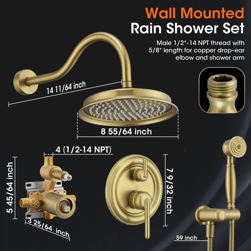 Antique Rainfall Shower System Bathroom Luxury Rain Mixer Shower Faucet Set with Pressure Balance Valve, Shower Combo Set with Rain Shower Head and Vintage Handheld Spray 9 inch Light Gold
