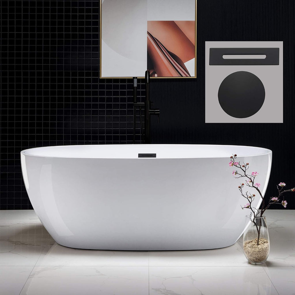 WOODBRIDGE 67' Acrylic Freestanding Bathtub Contemporary Soaking White Tub with Matte Black Overflow and Drain， B0028 -MB-Drain &O