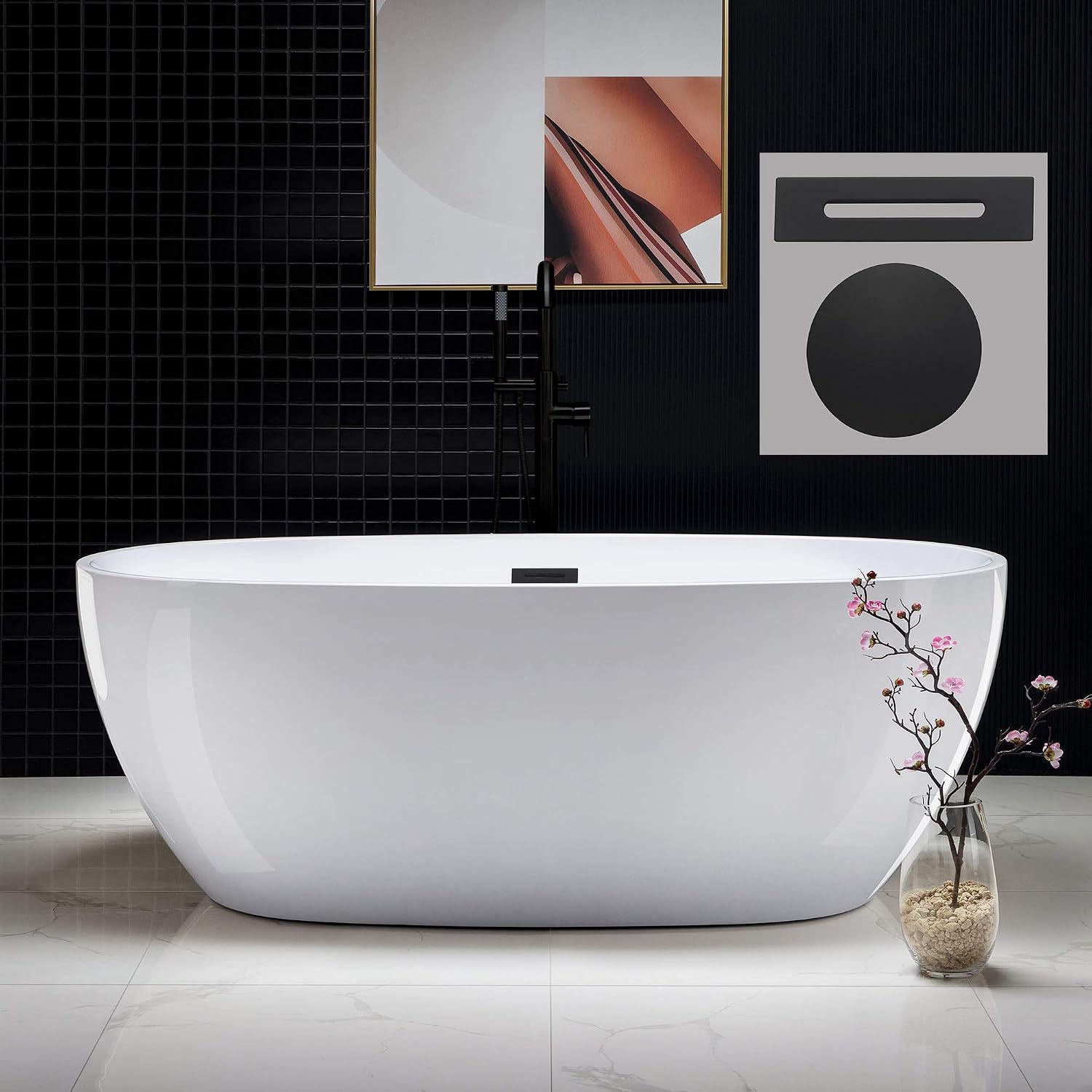 WOODBRIDGE 67' Acrylic Freestanding Bathtub Contemporary Soaking White Tub with Matte Black Overflow and Drain， B0028 -MB-Drain &O