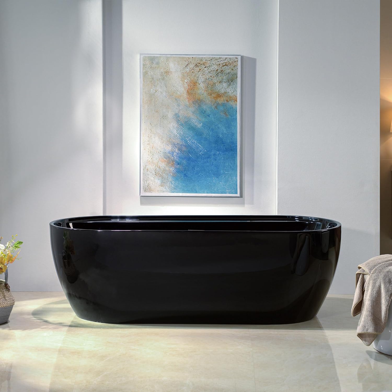 WOODBRIDGE 72' L x 35-3/8' W Freestanding Contemporary Acrylic Soaking Bathtub in Glossy Black Inside and Outside with Brushed Nickel Drain & Overflow,B8859-BN