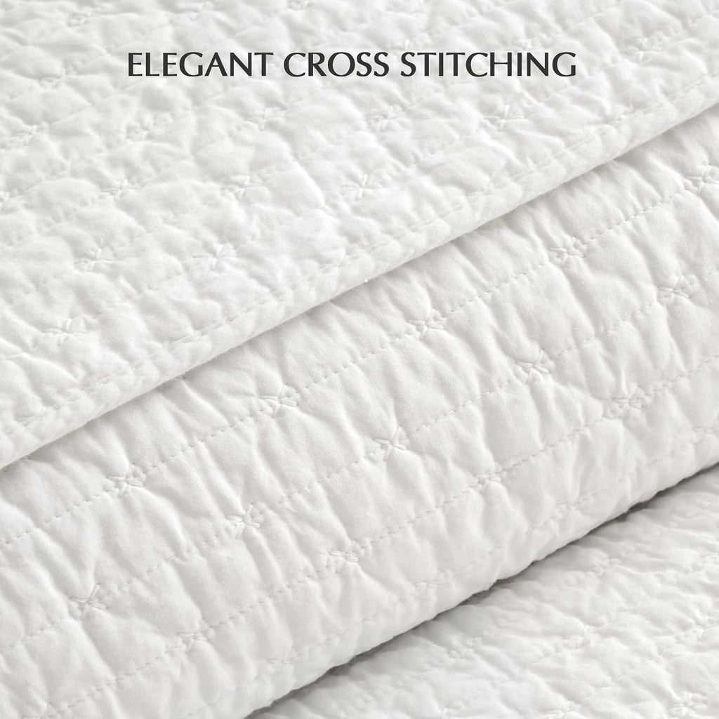 EVERGRACEHOME Cross Stitch Pre-Washed Cotton Quilt Bedding Set Queen Size, Oversized 3 Pieces Lightweight Bedspread Coverlet for All Season, with 2 Matching Shams, Bright White, 92'x96'