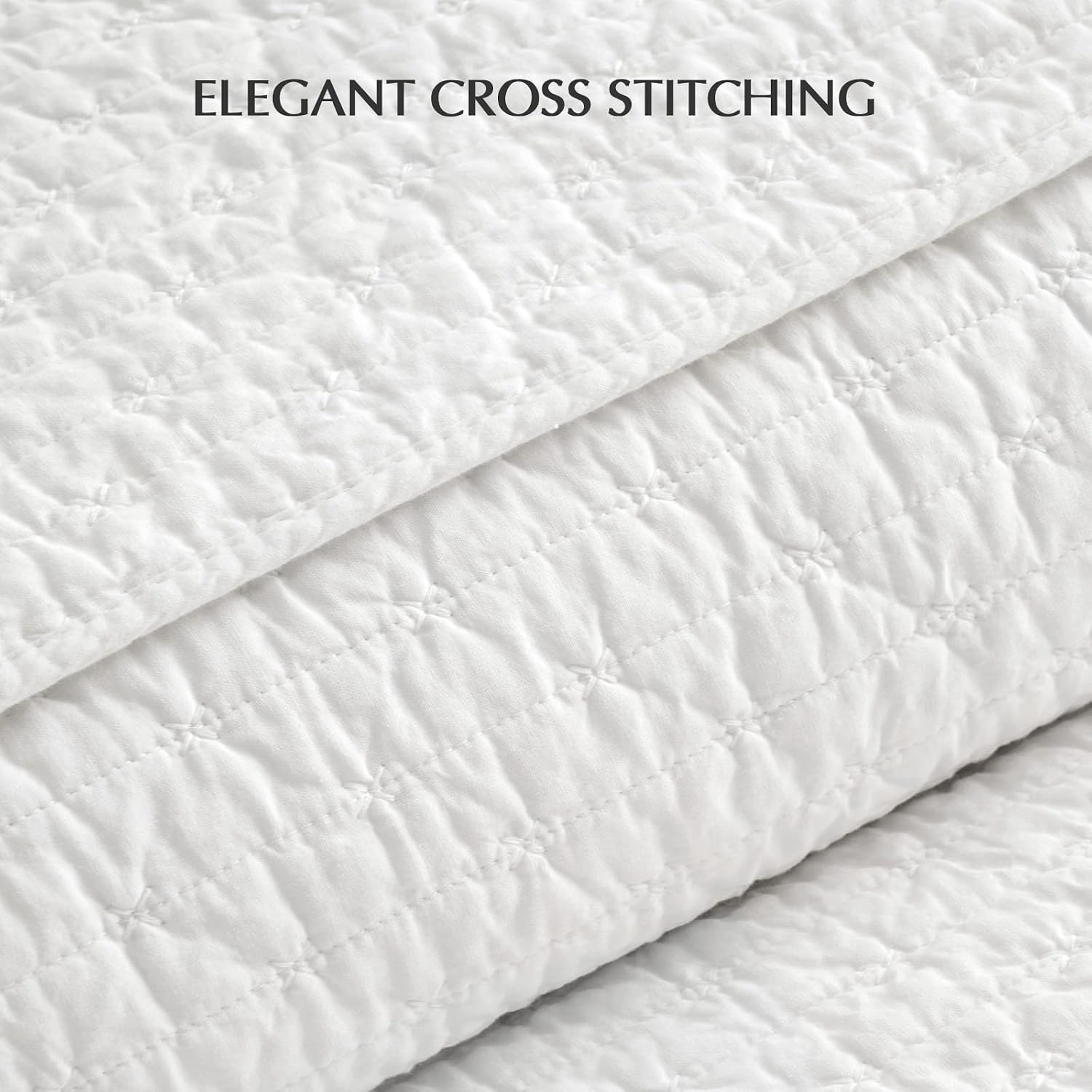 EVERGRACEHOME Cross Stitch Pre-Washed Cotton Quilt Bedding Set Queen Size, Oversized 3 Pieces Lightweight Bedspread Coverlet for All Season, with 2 Matching Shams, Bright White, 92'x96'