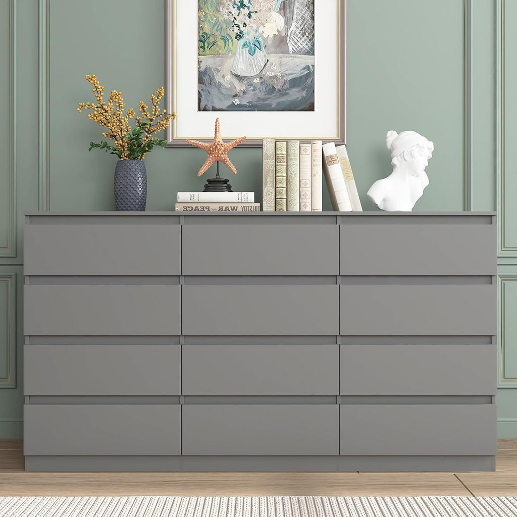 Vibe & Dine 12 Drawer Dresser, 59.1' Large Dresser for Bedroom Free Handle, Modern Wooden Chest of Drawers with Wide Storage for Living Room, Grey