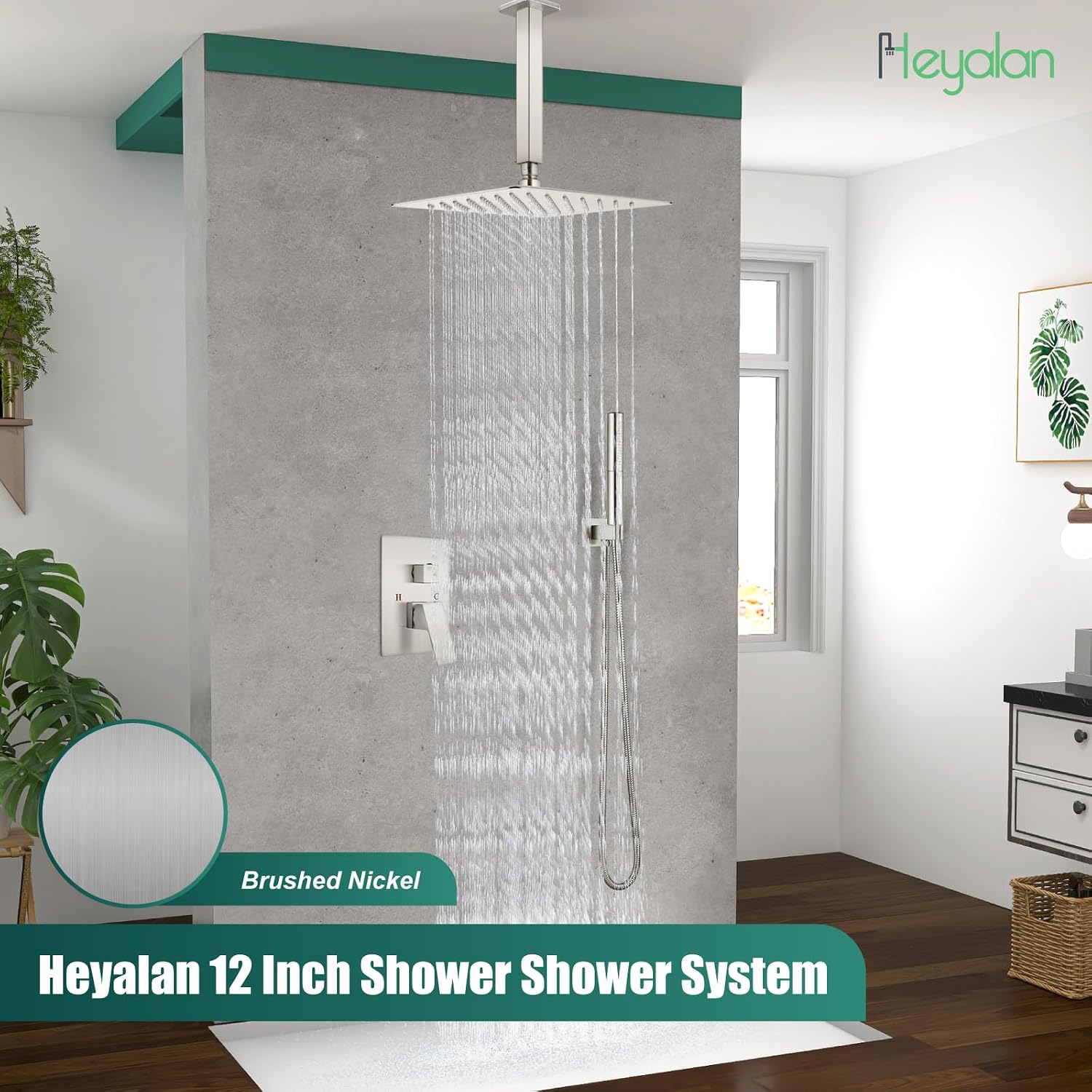 Heyalan Shower System Brushed Nickel Ceiling Mount 12 Inch Square Rain Shower Head 2 in 1 Handheld Shower Sprayer Rough in Valve Bathroom Rainfall Showerhead Combo Set