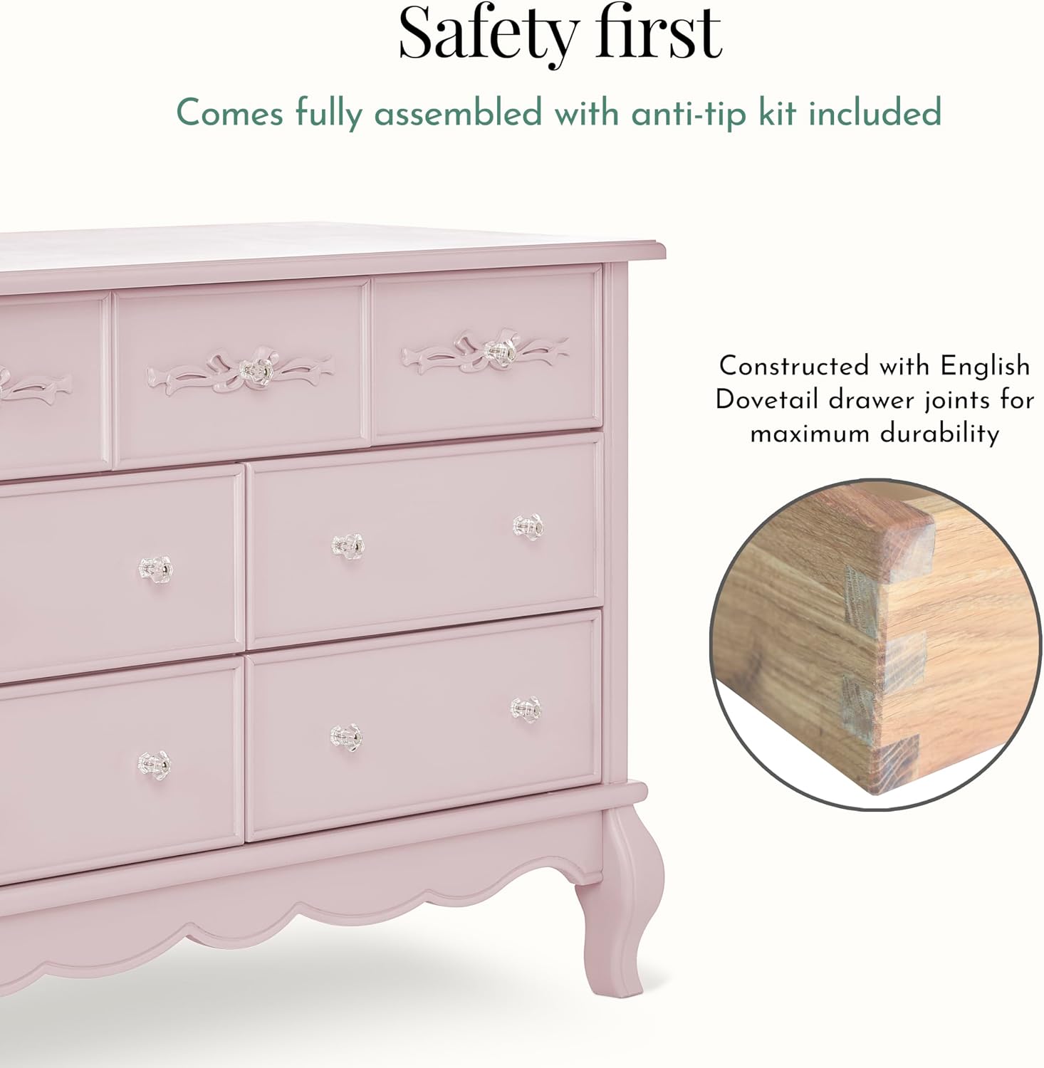 Evolur Aurora 7 Drawer Double Dresser, Dusty Rose