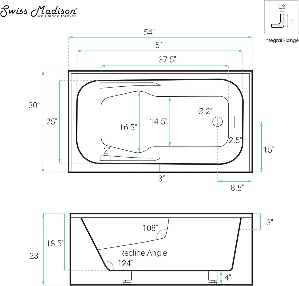 Swiss Madison Voltaire 54 x 30 Skirted Right Drain Soaking Apron Bathtub in Glossy White with Integrated Overflow and Armrest, Drain Included