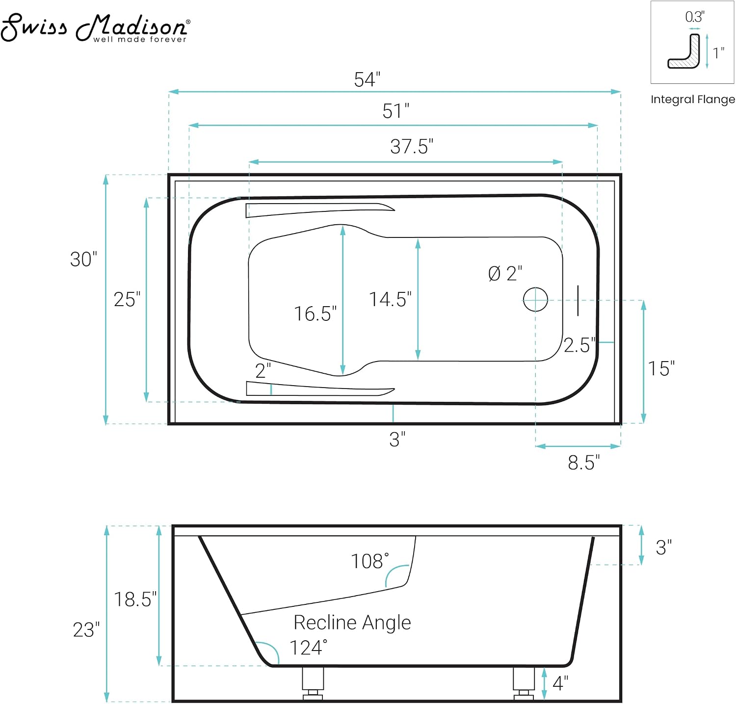 Swiss Madison Voltaire 54 x 30 Skirted Right Drain Soaking Apron Bathtub in Glossy White with Integrated Overflow and Armrest, Drain Included