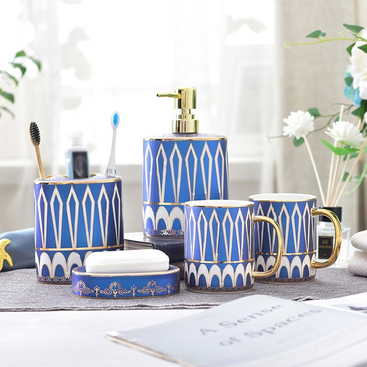 Ceramics Bathroom Accessories Set 6-Piece Soap Dispenser，Toothbrush Holder，Toothbrush Cup，Soap Dish，Tray Bathroom Accessory Sets Blue Bath Set