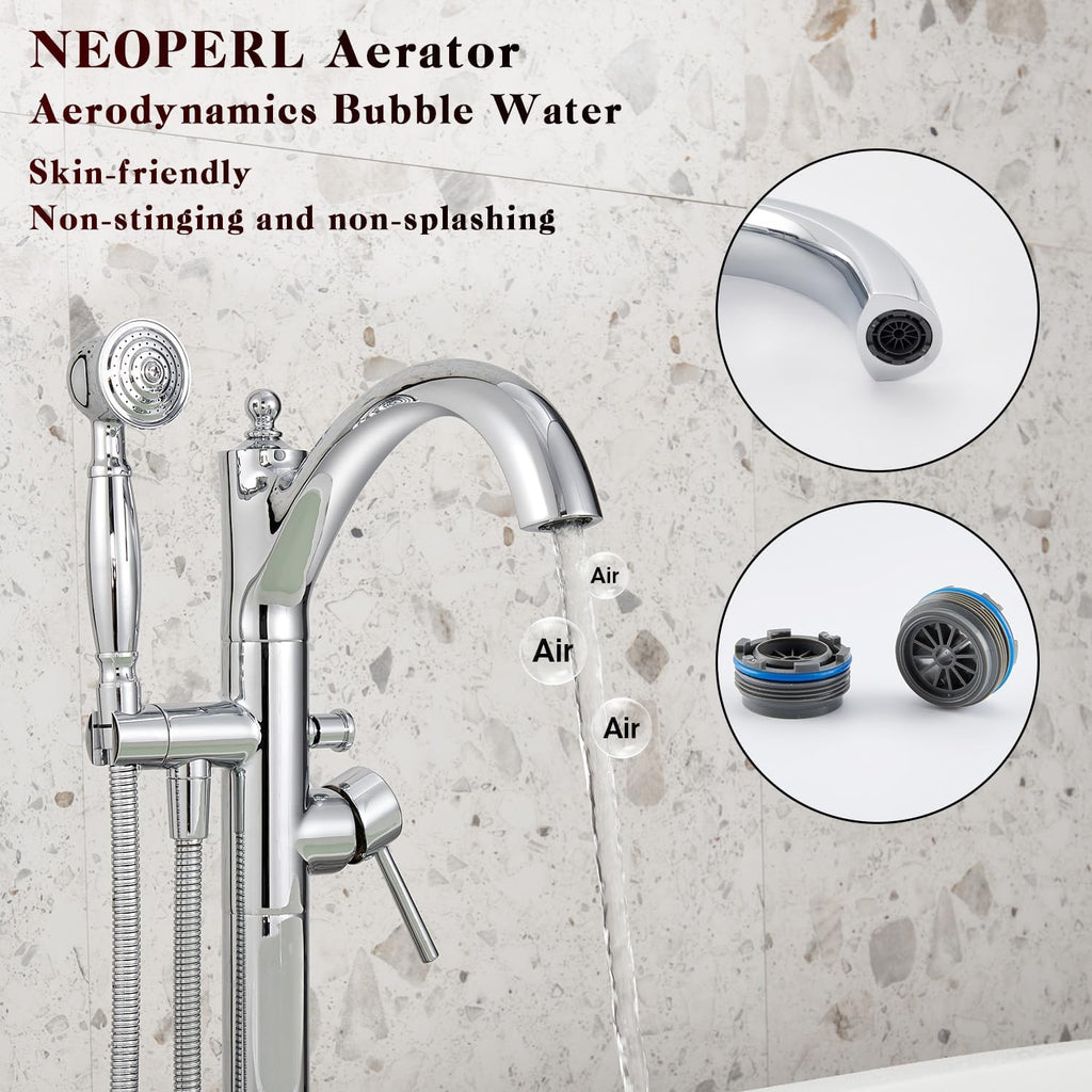Free Standing Tub Faucet, Classic Freestanding Bathtub Faucet with Vintage Hand Shower Brass High Flow Rate Floor Mount Tub Filler Swivel Spout Soaker Tub Faucets Polished Chrome (WT-9002CP)