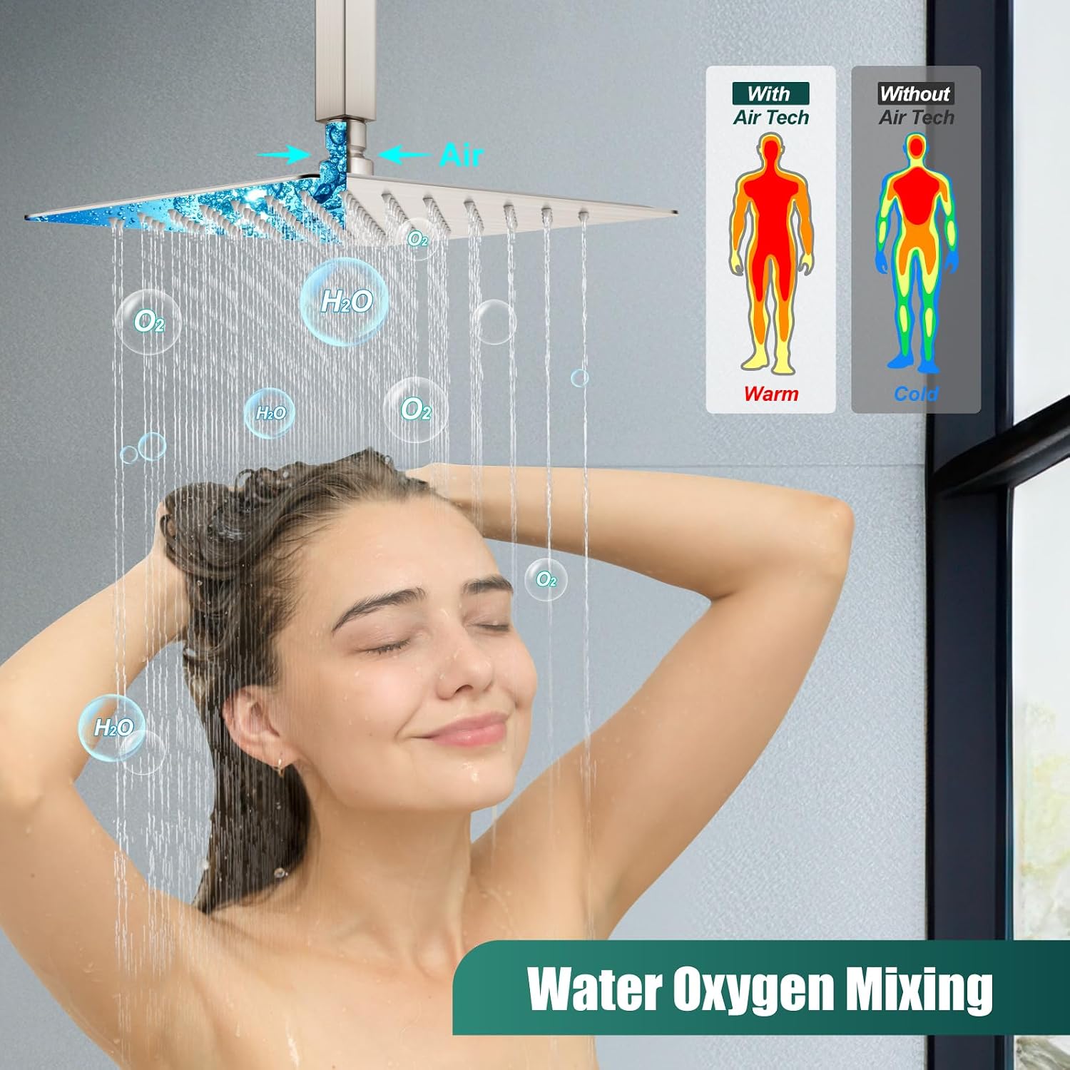 Heyalan Shower System Brushed Nickel Ceiling Mount 12 Inch Square Rain Shower Head 2 in 1 Handheld Shower Sprayer Rough in Valve Bathroom Rainfall Showerhead Combo Set