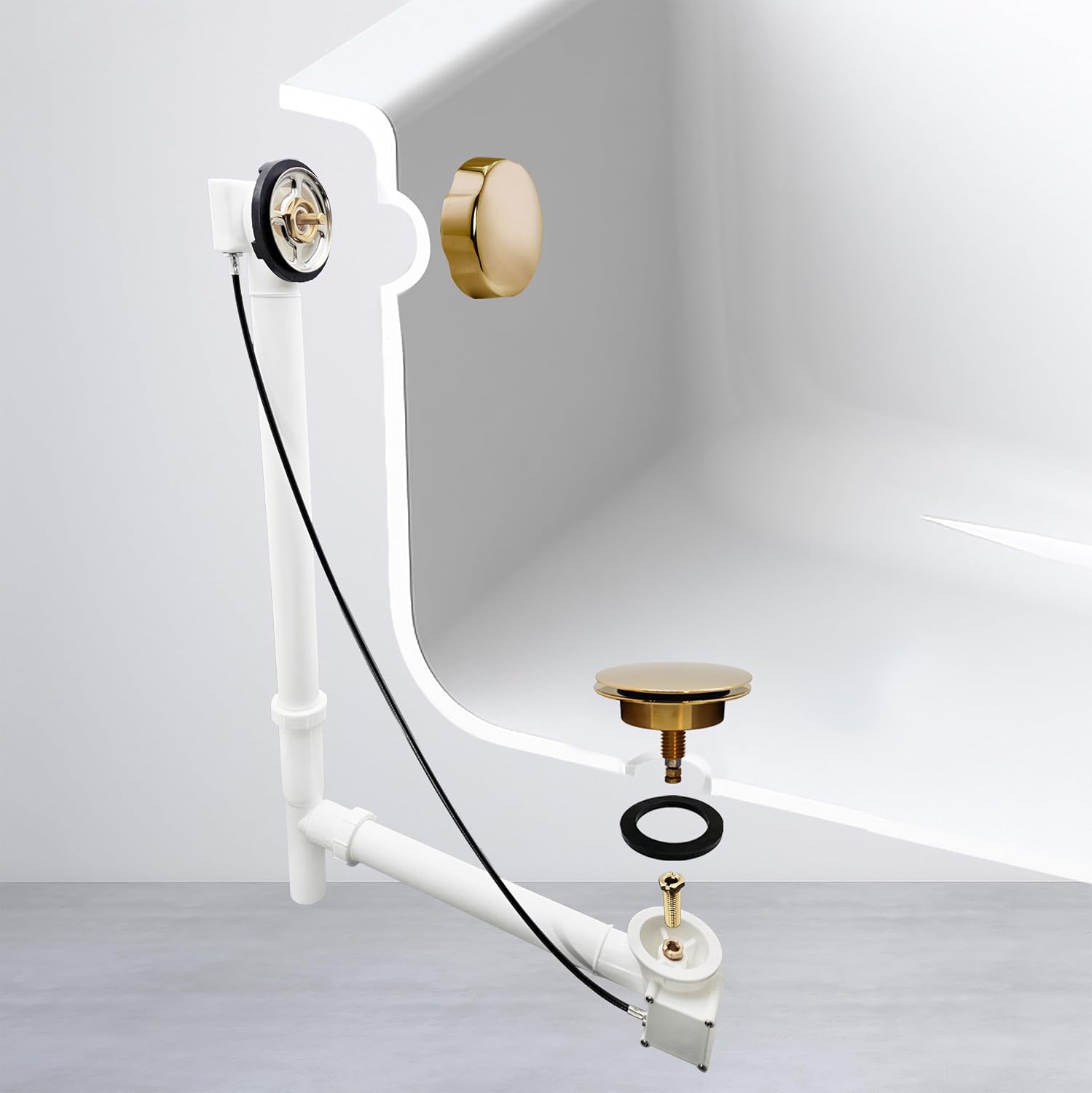 Westbrass A50P27TLE-01 27' Cable Drive Bath Drain Trim Kit with Rotary Overflow Cover Knob, European Stopper and Poly Tubular Pipes, Polished Brass