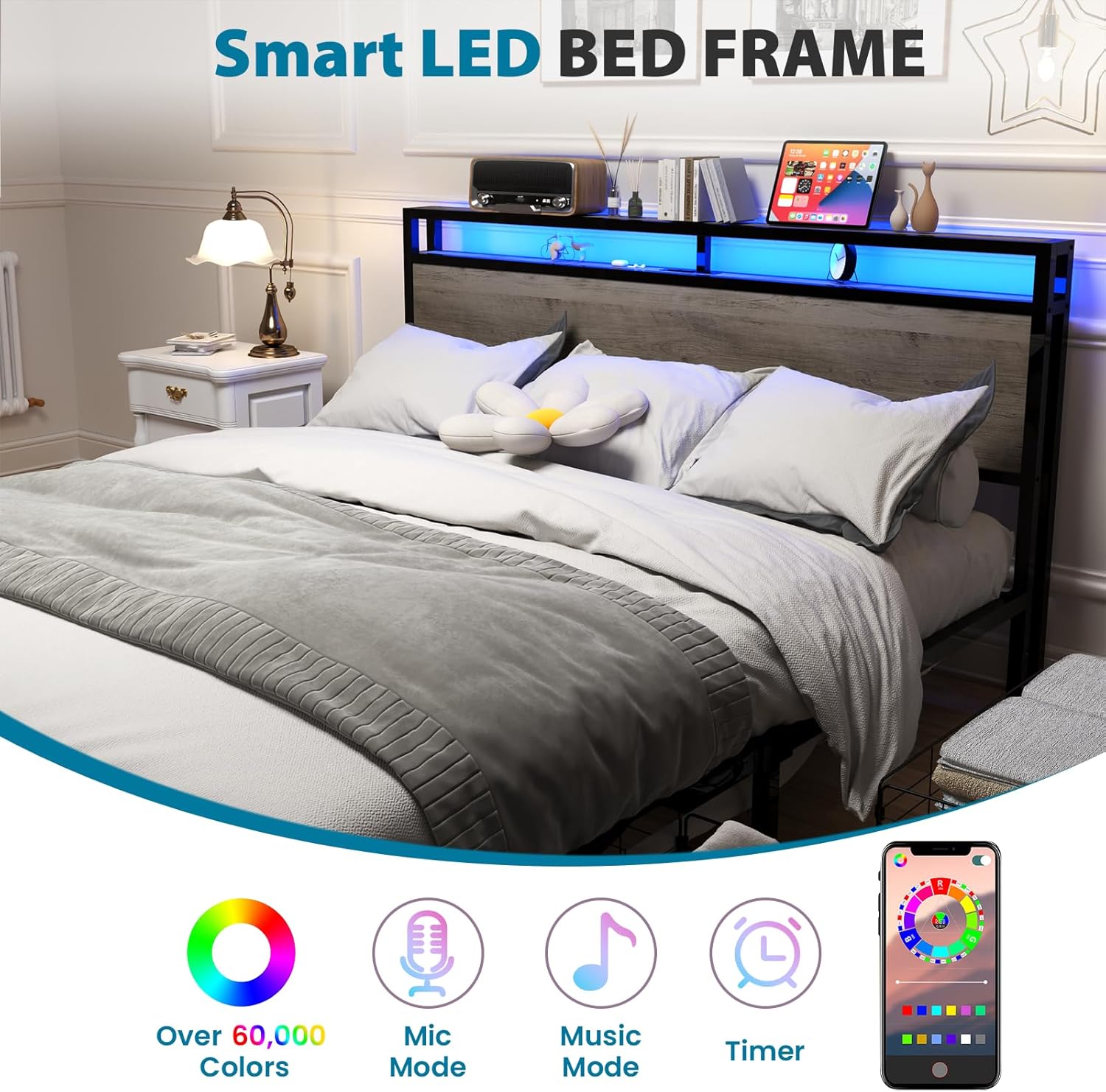Kiivakii Full Size Bed Frame with 4 Storage Drawers, LED Platform Bed Frames with Headboard, Built in Charging Station, Noise Free, Stable and Solid, No Box Spring Needed, Gray