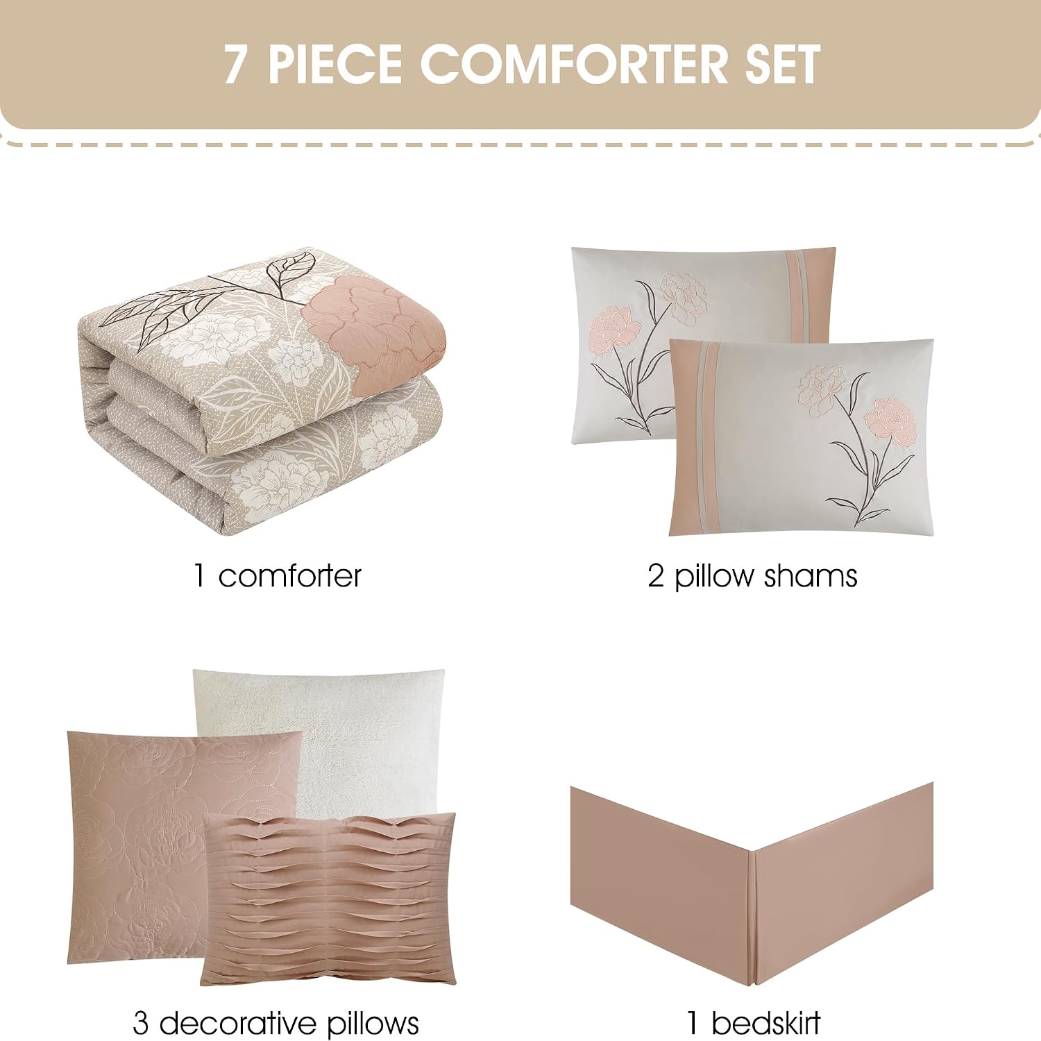 Grand Avenue Blush Bed Sets Queen with Comforter, 7 Piece, Bedding Comforters & Sets, Pillow Shams Bedskirt, Floral Comforters, Home Decor